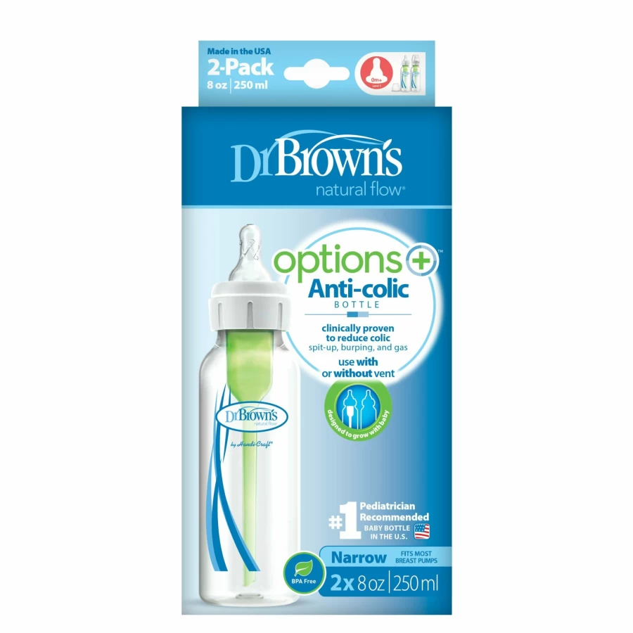 New Dr Browns 250Ml Narrow Neck Feeding Bottle With Level 1 Teat 2Pk