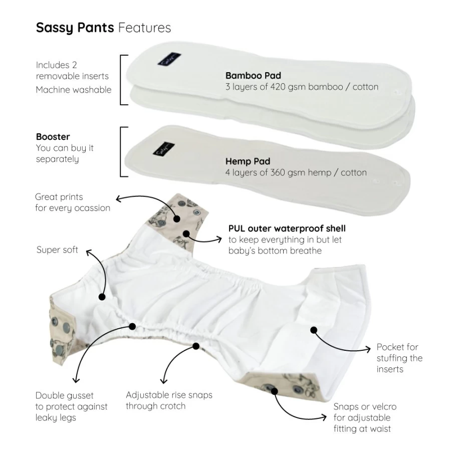 Hot Sassy Pants Snap Nappy With 2 Inserts One Size